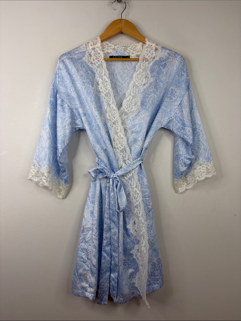 Lauren Ralph Lauren Robe Womens Small Blue White Satin Paisley Lace Trim Bridal